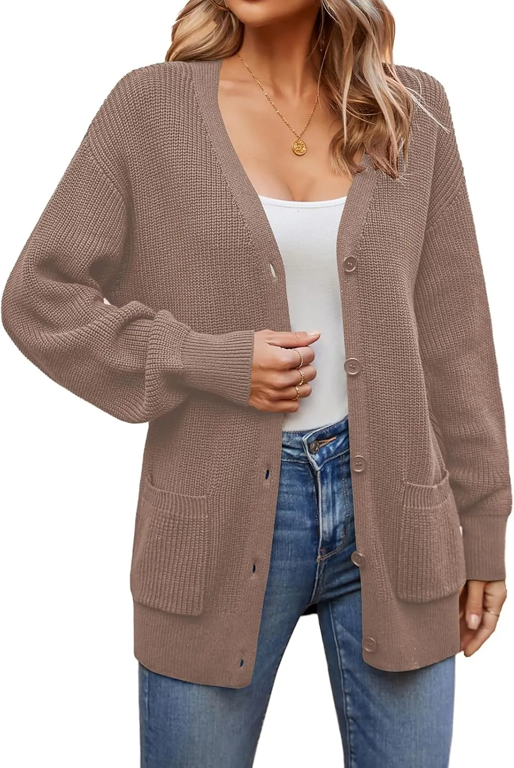 QUALFORT Women's 100% Cotton Cardigans for Women Lantern Sleeve Oversized Sweater with Pockets