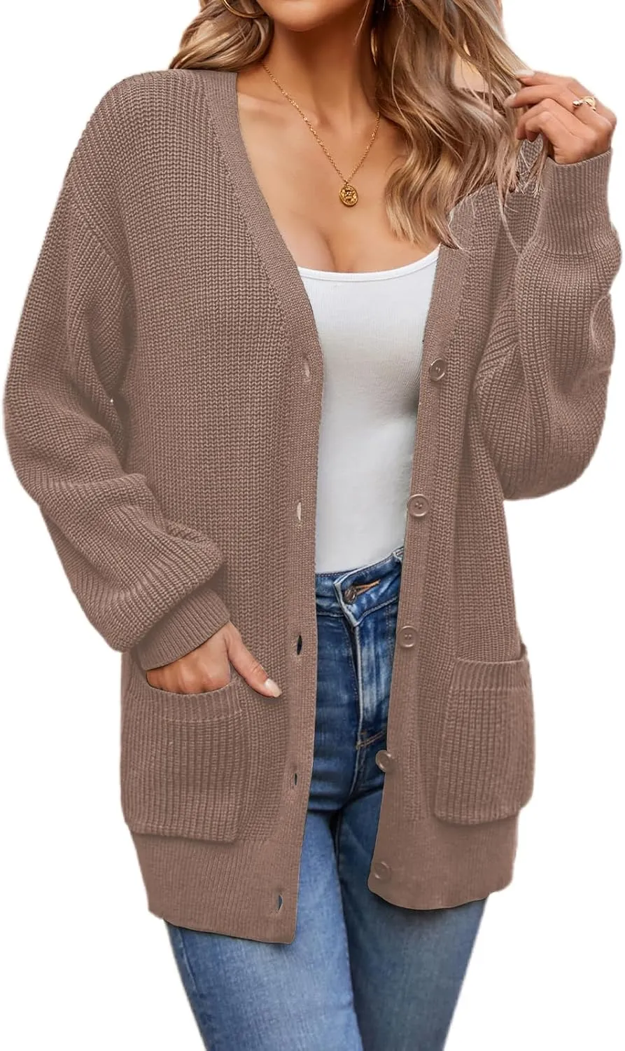 QUALFORT Women's 100% Cotton Cardigans for Women Lantern Sleeve Oversized Sweater with Pockets