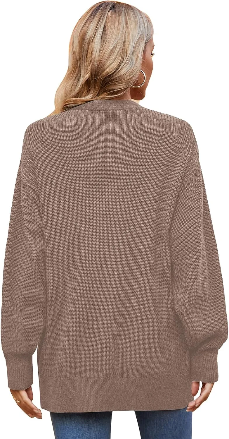 QUALFORT Women's 100% Cotton Cardigans for Women Lantern Sleeve Oversized Sweater with Pockets