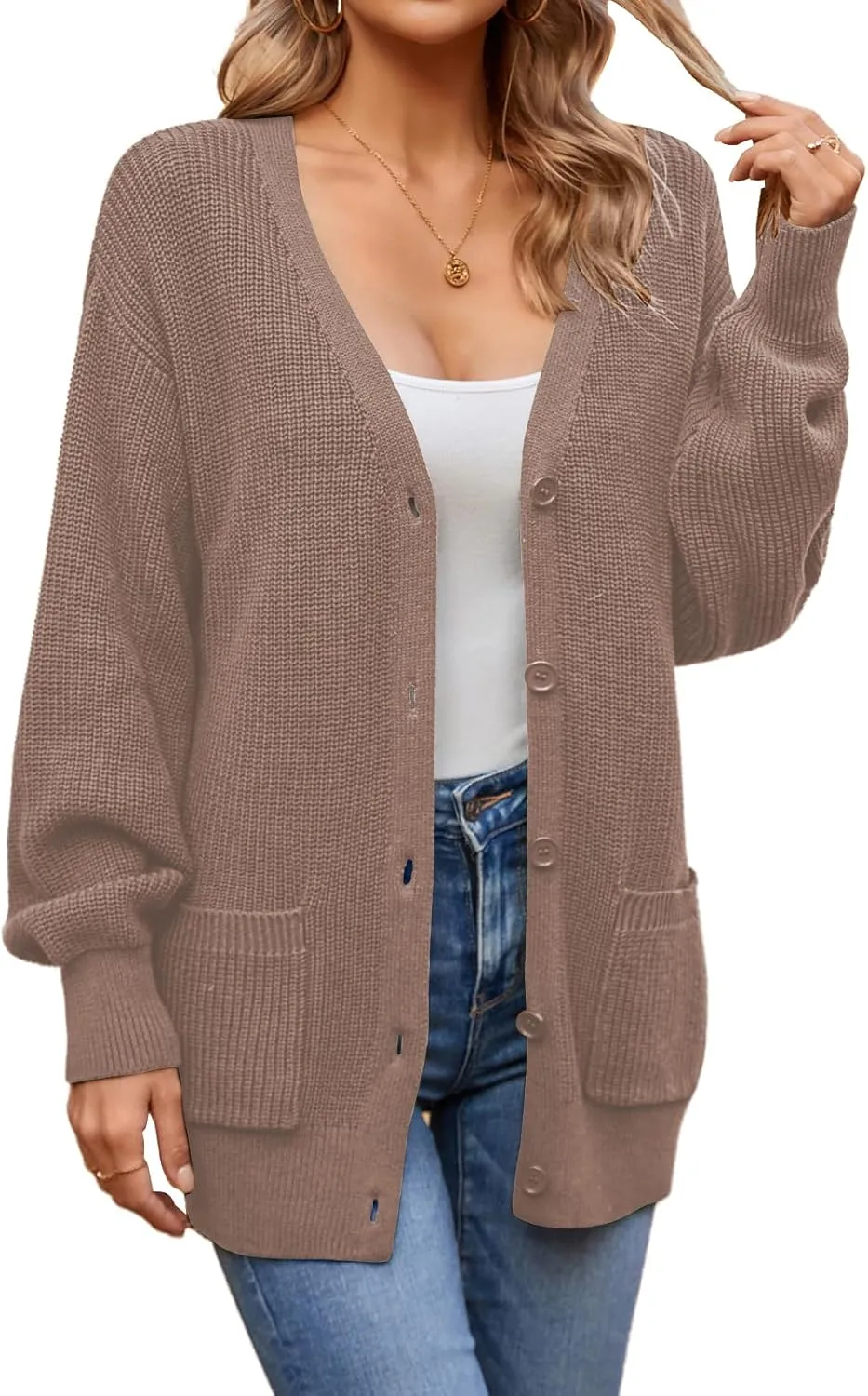 QUALFORT Women's 100% Cotton Cardigans for Women Lantern Sleeve Oversized Sweater with Pockets