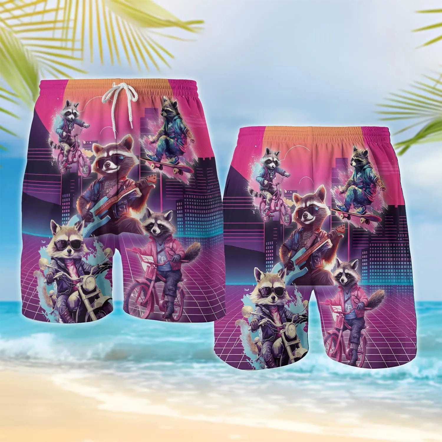 Raccoon Men's Quick Dry - Animal Lover Hawaiian Shorts for Men - Beach Shorts Swim Trunks Set 5 (TND-LN-1)
