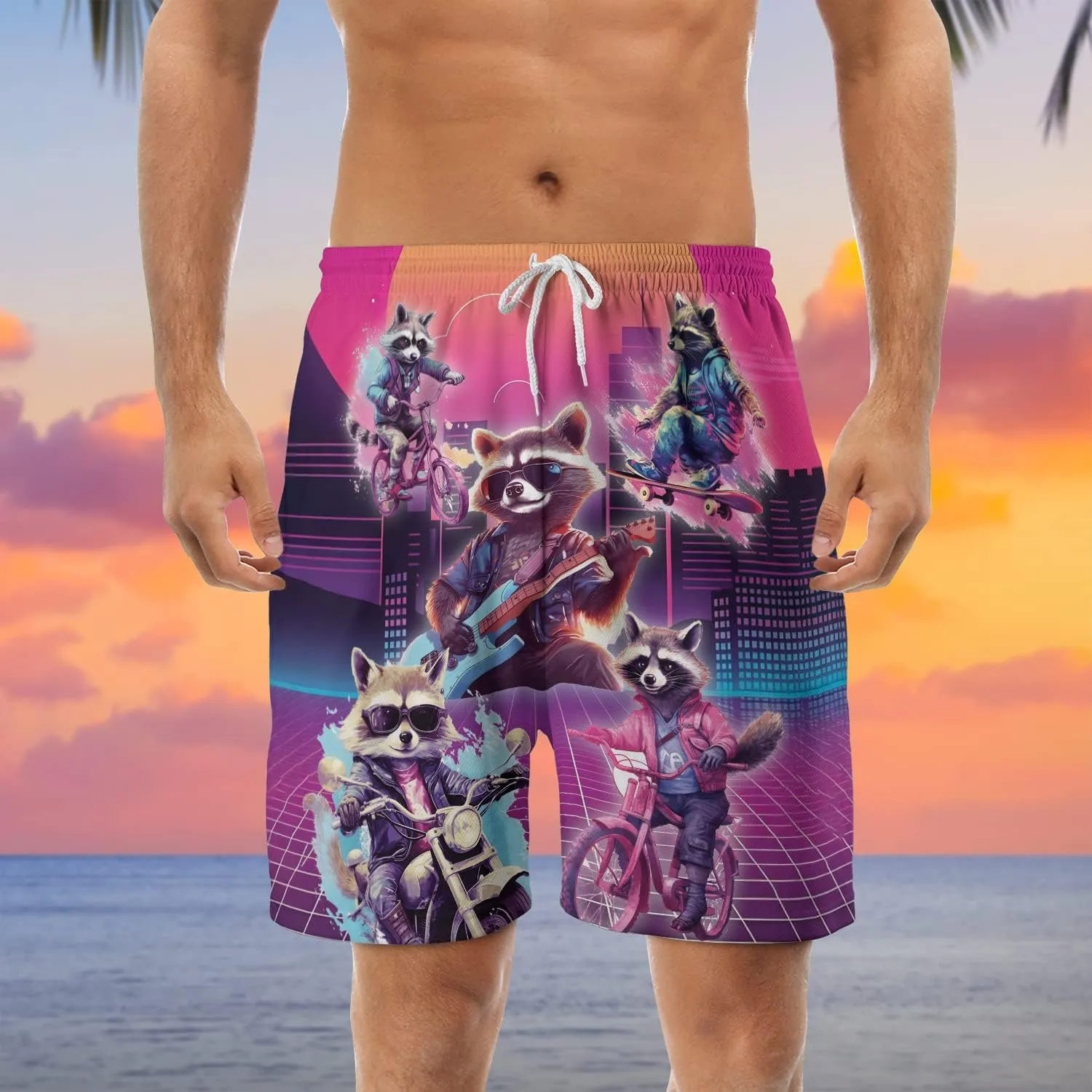 Raccoon Men's Quick Dry - Animal Lover Hawaiian Shorts for Men - Beach Shorts Swim Trunks Set 5 (TND-LN-1)