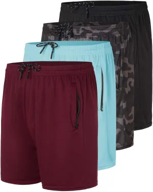 Real Essentials 4 Pack: Men's 5" Mesh Quick-Dry Athletic Running Gym Shorts with Zipper Pockets (Available in Big & Tall)