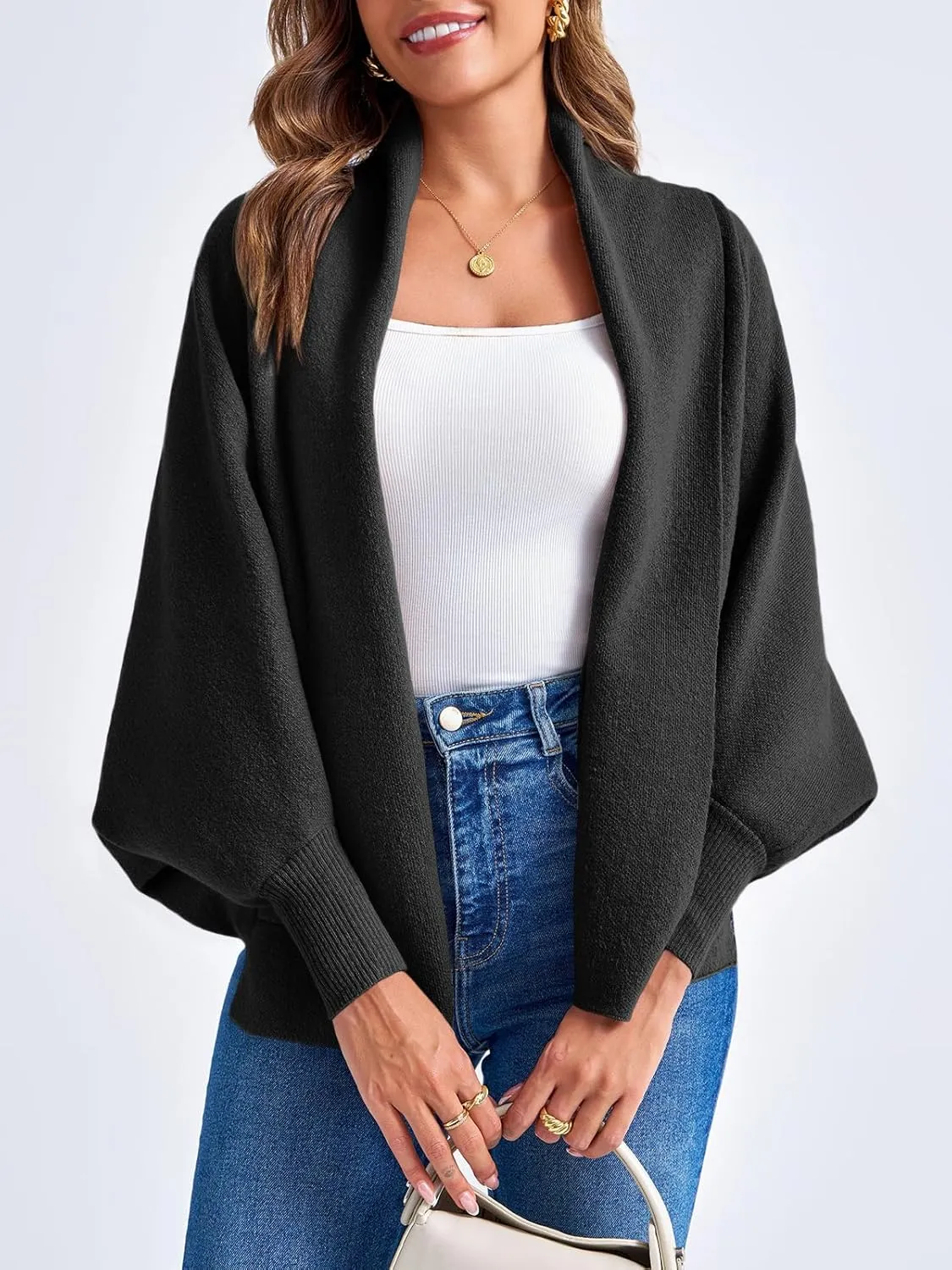 Saodimallsu Womens Open Front Cardigan Batwing Long Sleeve Shawl Chunky Knit Loose Fall Poncho Sweater Coats