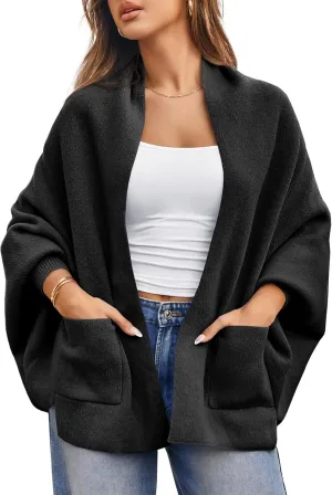 Saodimallsu Womens Open Front Cardigan Batwing Long Sleeve Shawl Chunky Knit Loose Fall Poncho Sweater Coats