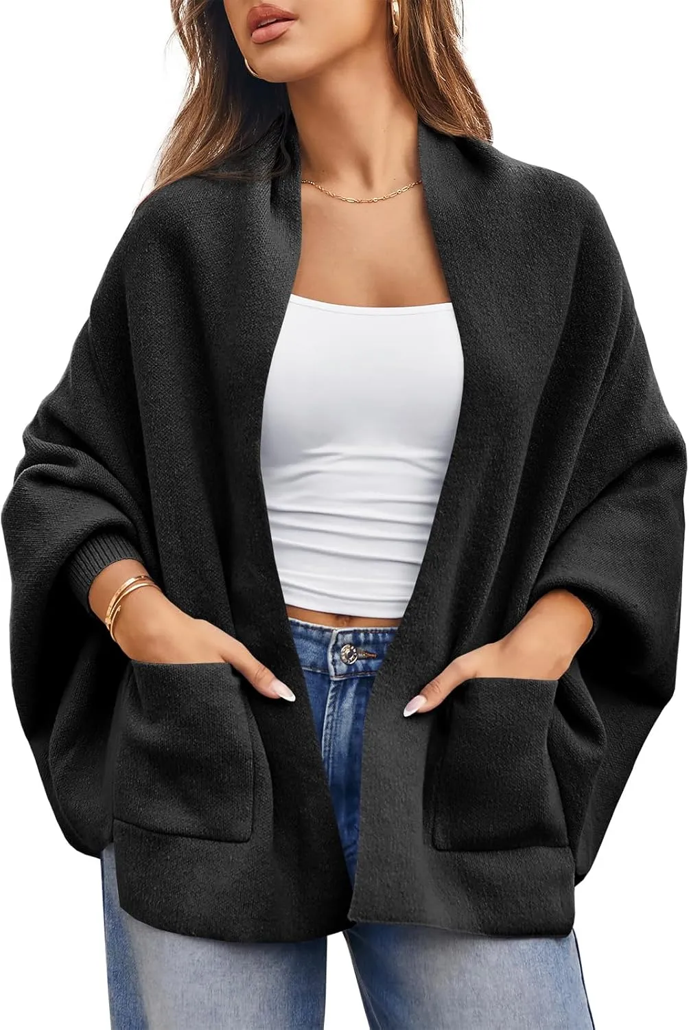 Saodimallsu Womens Open Front Cardigan Batwing Long Sleeve Shawl Chunky Knit Loose Fall Poncho Sweater Coats