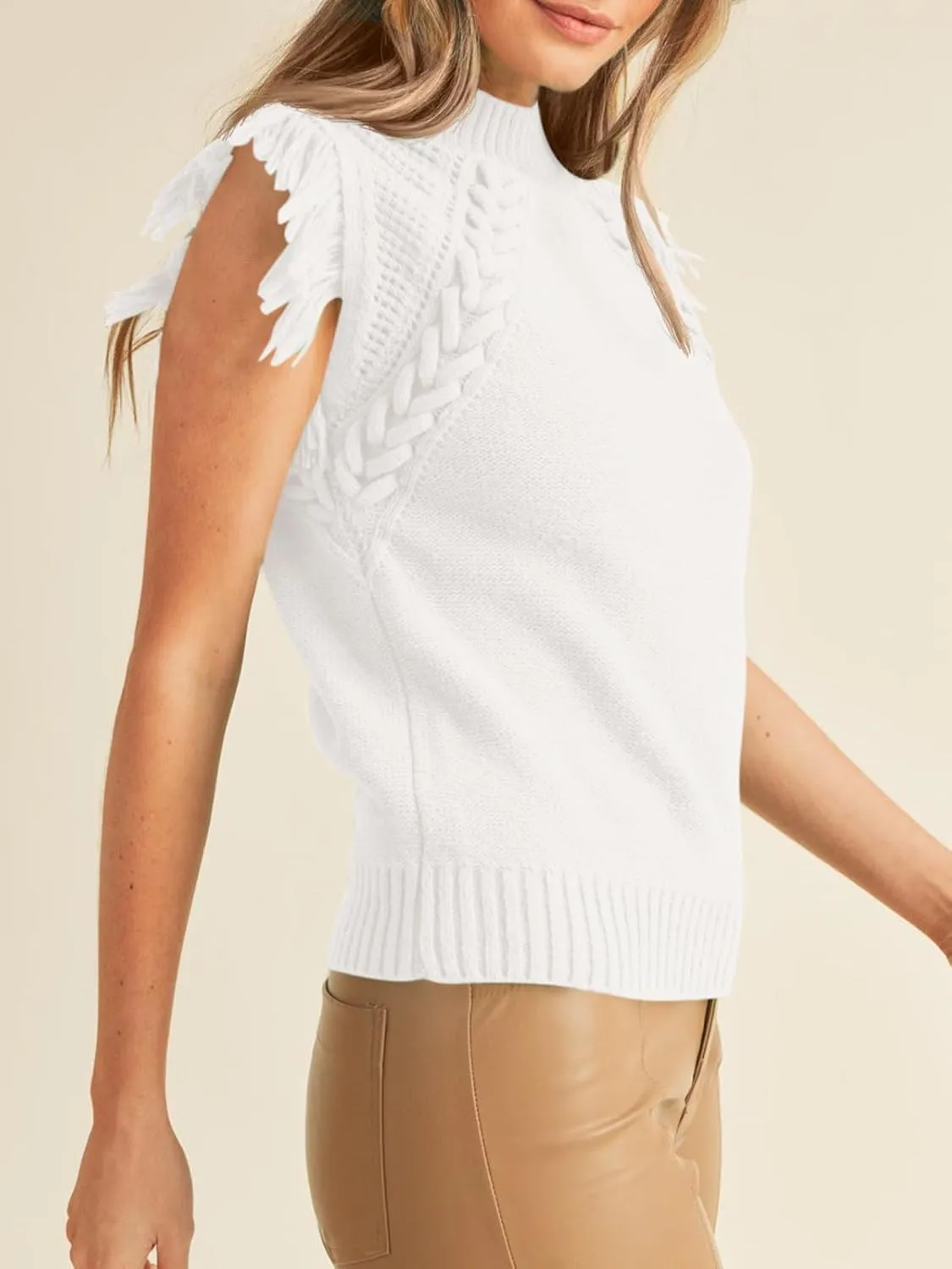 Saodimallsu Womens Sleeveless Sweater Vest Mock Neck Cable Knit Fringe Cap Sleeve Boho Trendy Pullover Tank Tops