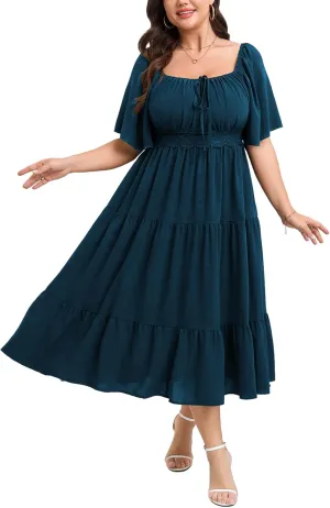 SCOMCHIC Women's Plus Size Summer Dresses Square Neck Short Sleeve A Line Wedding Guest Cocktail Boho Flowy Maxi Dress