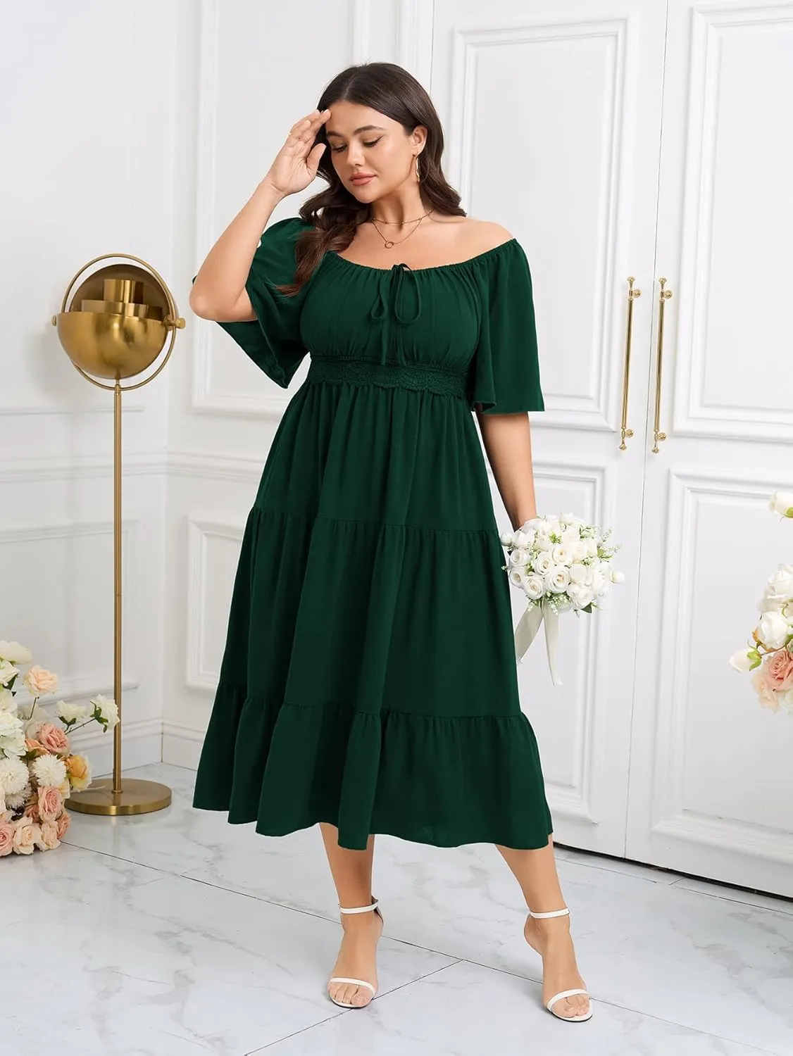 SCOMCHIC Women's Plus Size Summer Dresses Square Neck Short Sleeve A Line Wedding Guest Cocktail Boho Flowy Maxi Dress