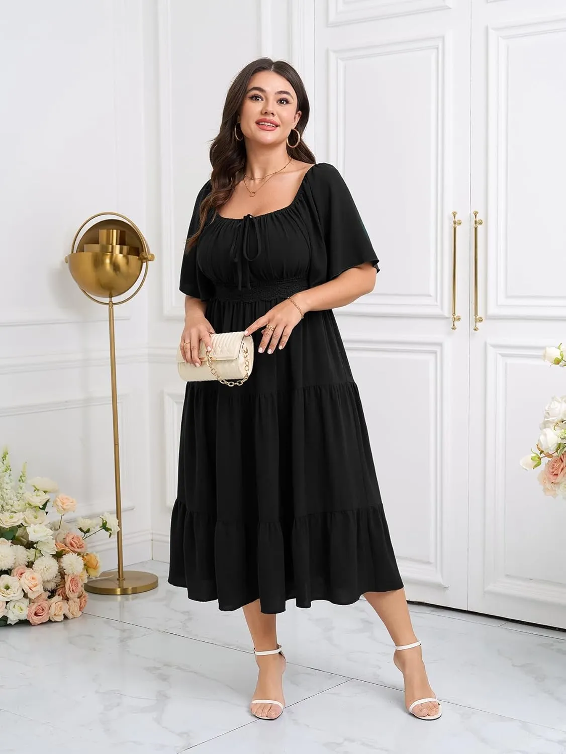SCOMCHIC Women's Plus Size Summer Dresses Square Neck Short Sleeve A Line Wedding Guest Cocktail Boho Flowy Maxi Dress