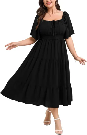 SCOMCHIC Women's Plus Size Summer Dresses Square Neck Short Sleeve A Line Wedding Guest Cocktail Boho Flowy Maxi Dress