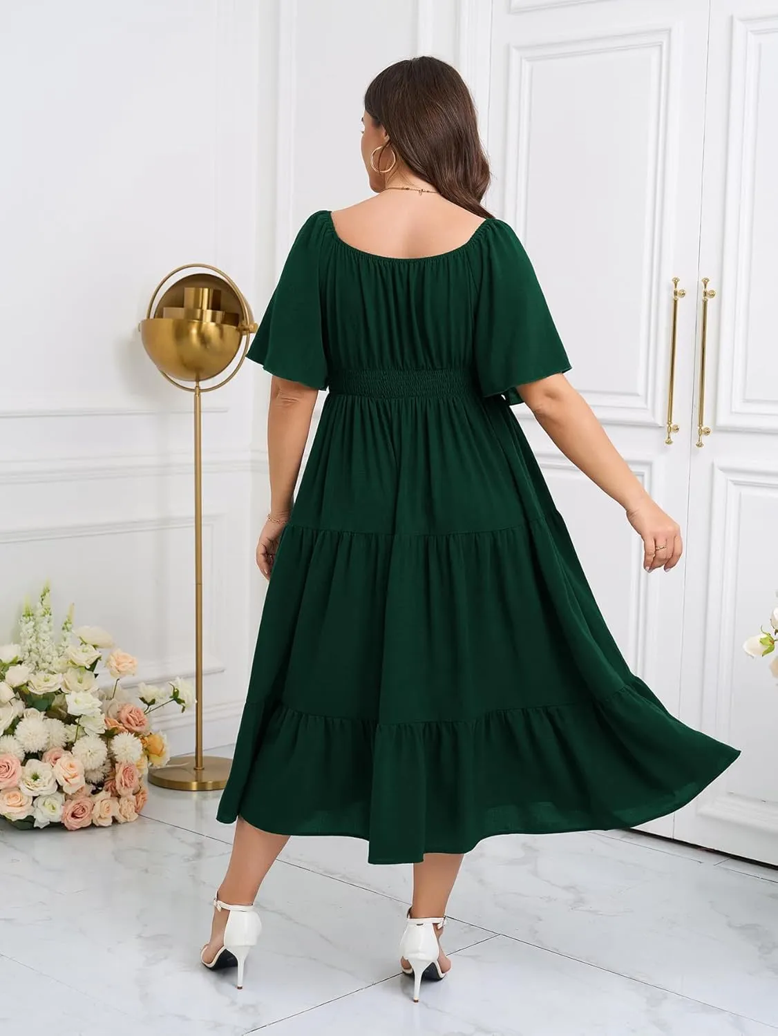 SCOMCHIC Women's Plus Size Summer Dresses Square Neck Short Sleeve A Line Wedding Guest Cocktail Boho Flowy Maxi Dress