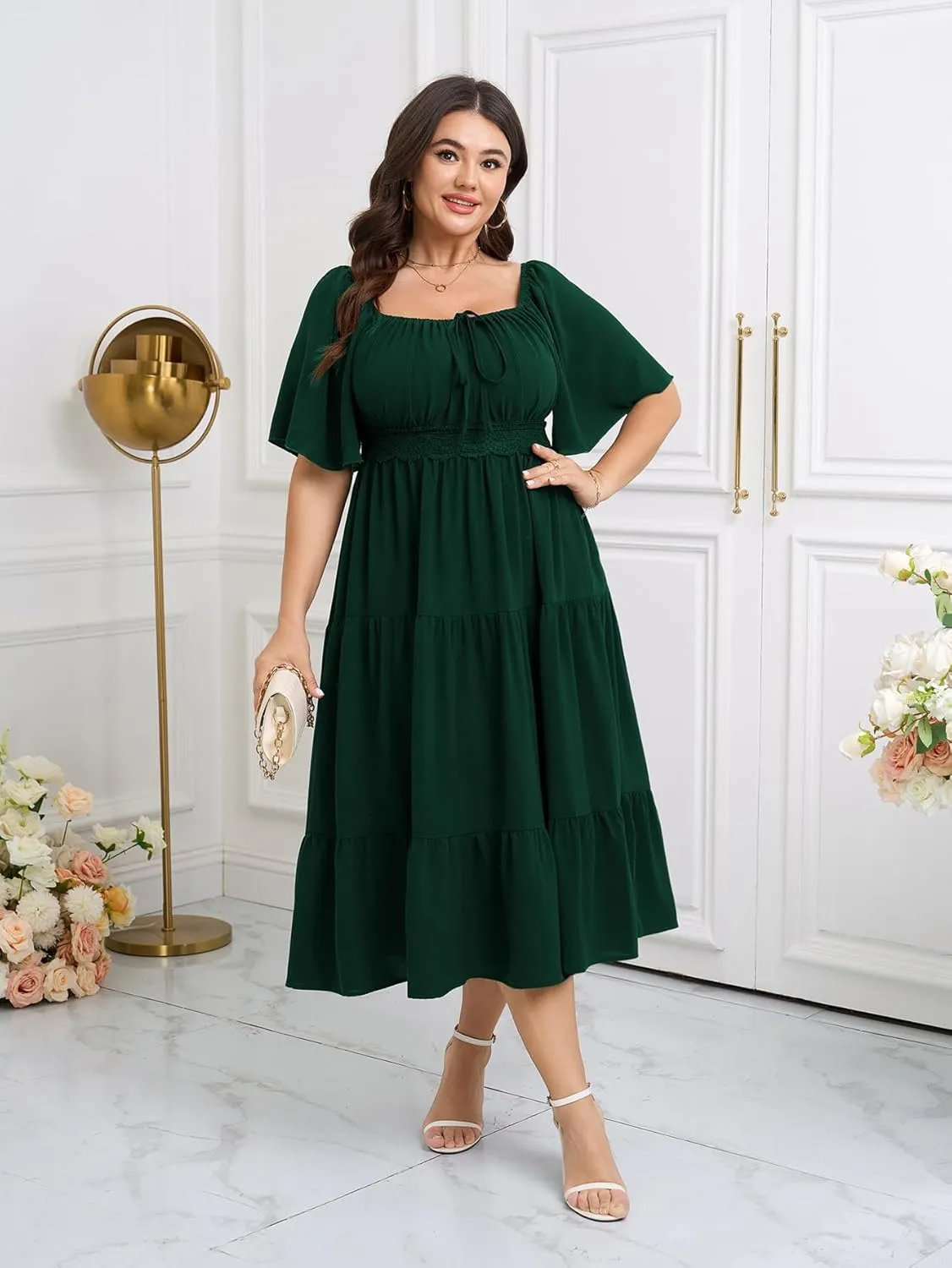 SCOMCHIC Women's Plus Size Summer Dresses Square Neck Short Sleeve A Line Wedding Guest Cocktail Boho Flowy Maxi Dress