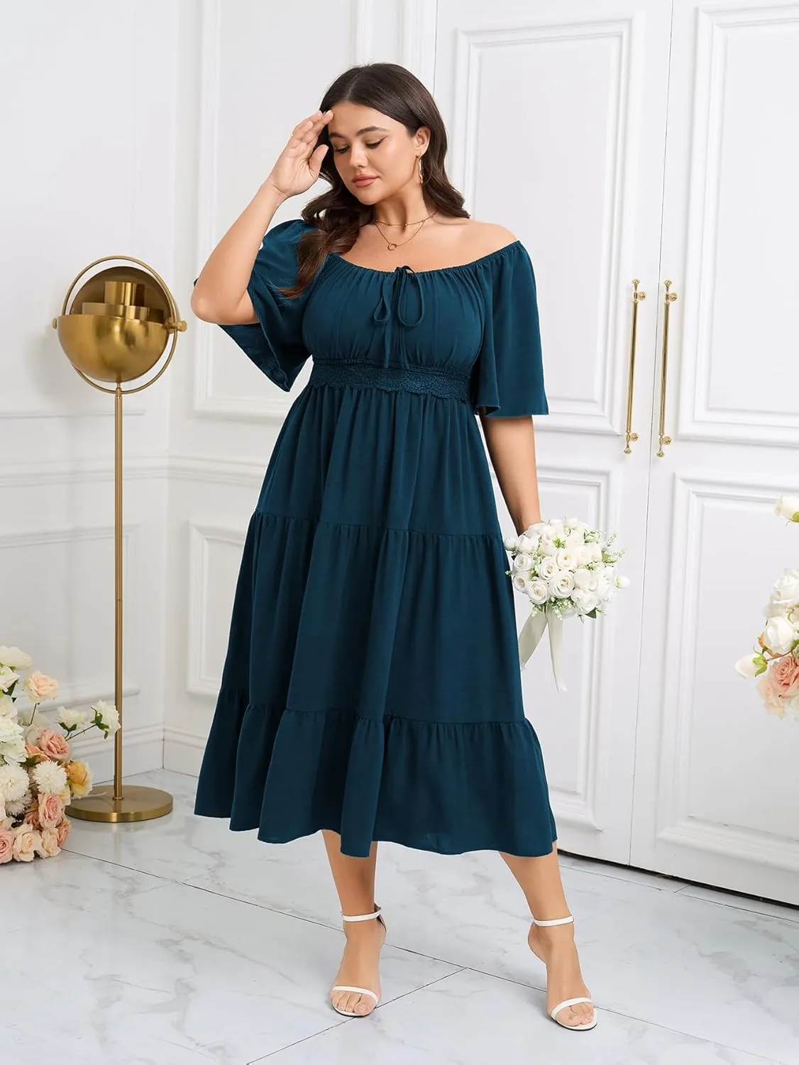 SCOMCHIC Women's Plus Size Summer Dresses Square Neck Short Sleeve A Line Wedding Guest Cocktail Boho Flowy Maxi Dress
