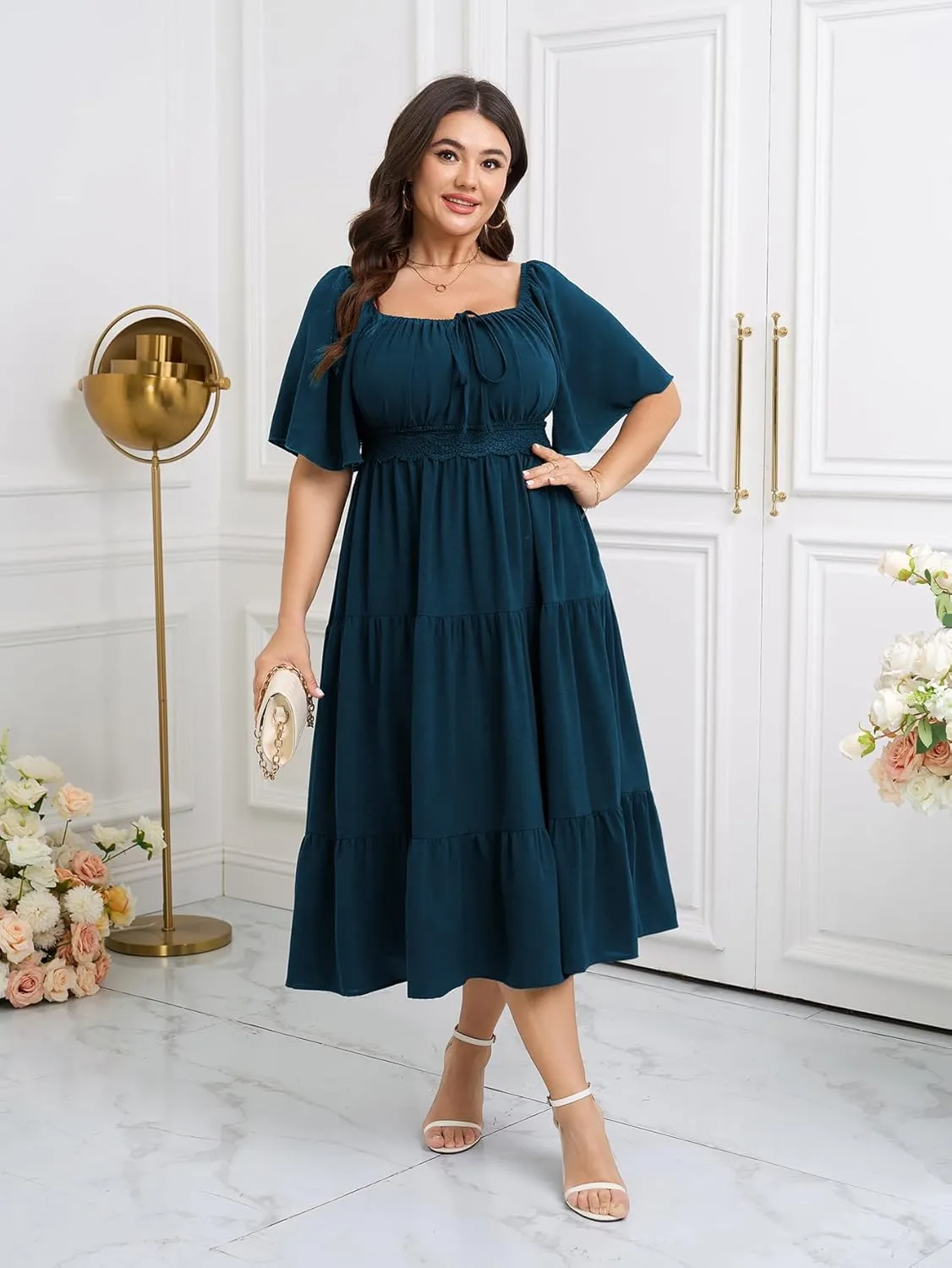 SCOMCHIC Women's Plus Size Summer Dresses Square Neck Short Sleeve A Line Wedding Guest Cocktail Boho Flowy Maxi Dress