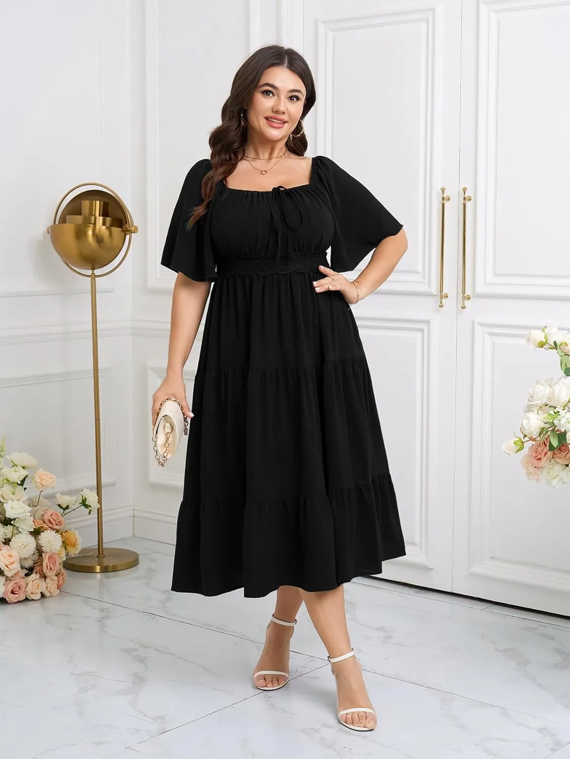 SCOMCHIC Women's Plus Size Summer Dresses Square Neck Short Sleeve A Line Wedding Guest Cocktail Boho Flowy Maxi Dress