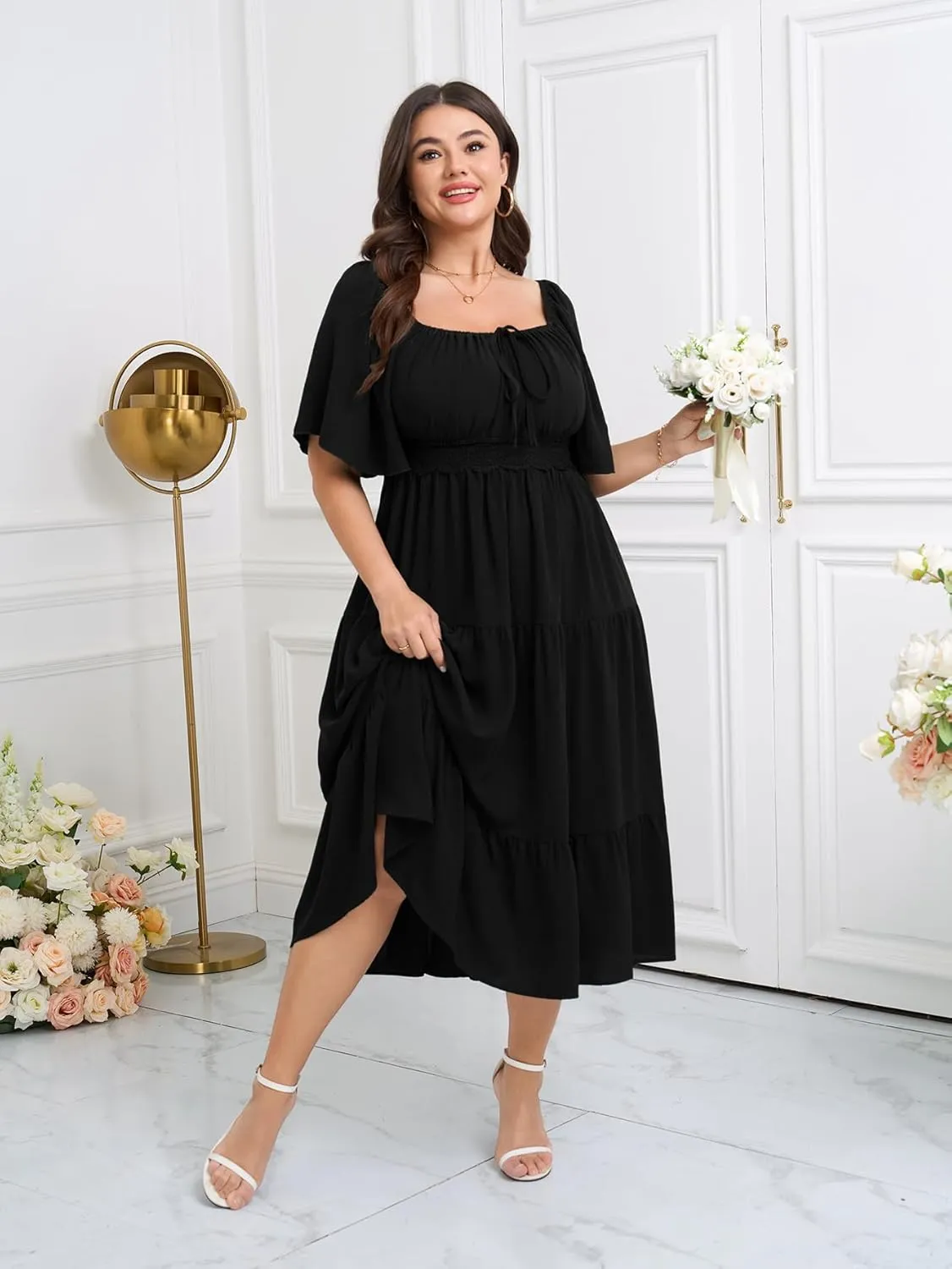 SCOMCHIC Women's Plus Size Summer Dresses Square Neck Short Sleeve A Line Wedding Guest Cocktail Boho Flowy Maxi Dress