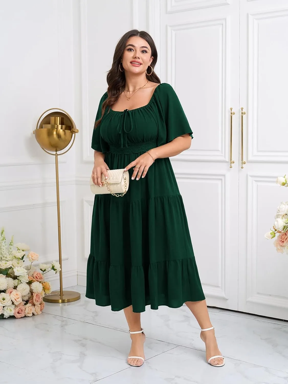SCOMCHIC Women's Plus Size Summer Dresses Square Neck Short Sleeve A Line Wedding Guest Cocktail Boho Flowy Maxi Dress