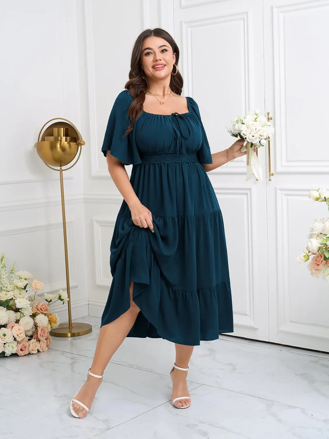 SCOMCHIC Women's Plus Size Summer Dresses Square Neck Short Sleeve A Line Wedding Guest Cocktail Boho Flowy Maxi Dress