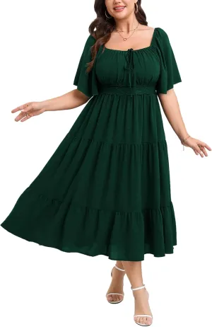 SCOMCHIC Women's Plus Size Summer Dresses Square Neck Short Sleeve A Line Wedding Guest Cocktail Boho Flowy Maxi Dress