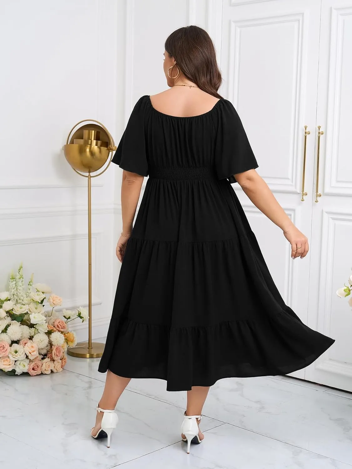 SCOMCHIC Women's Plus Size Summer Dresses Square Neck Short Sleeve A Line Wedding Guest Cocktail Boho Flowy Maxi Dress