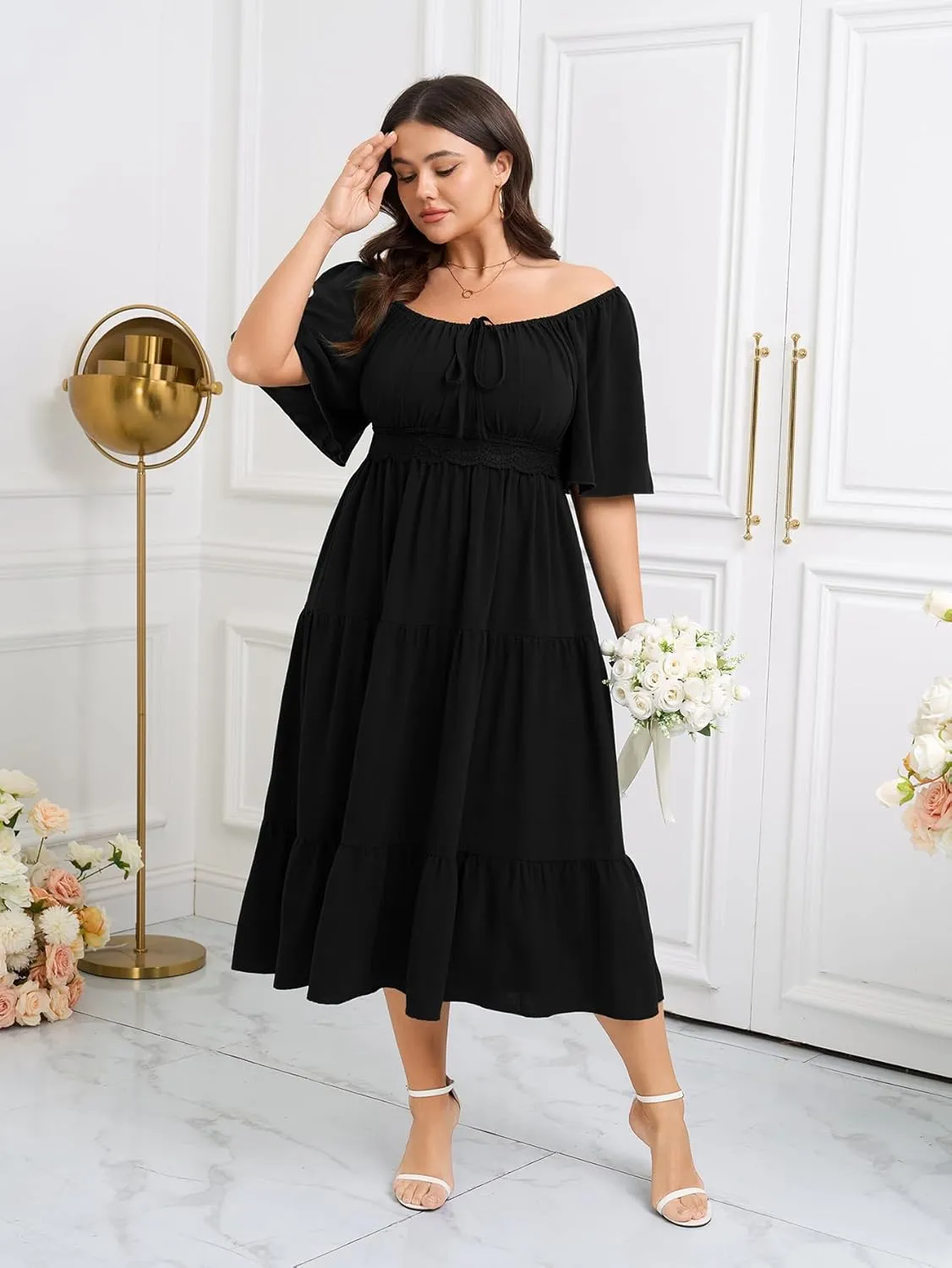 SCOMCHIC Women's Plus Size Summer Dresses Square Neck Short Sleeve A Line Wedding Guest Cocktail Boho Flowy Maxi Dress
