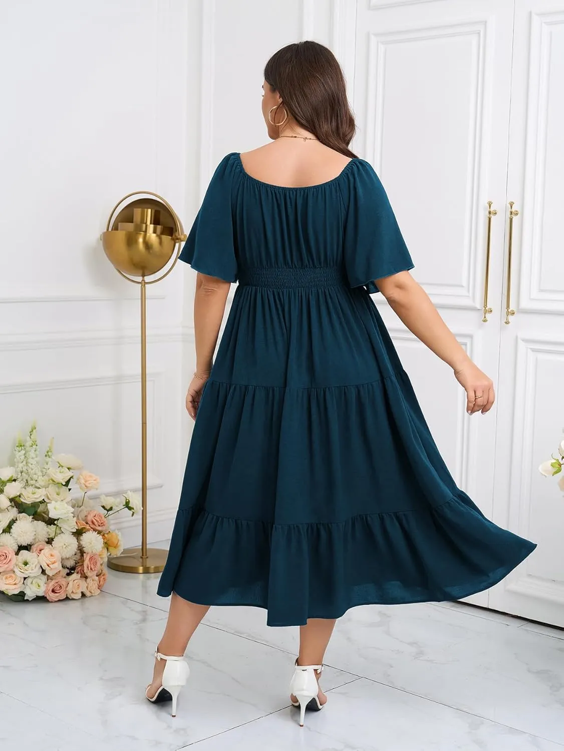 SCOMCHIC Women's Plus Size Summer Dresses Square Neck Short Sleeve A Line Wedding Guest Cocktail Boho Flowy Maxi Dress