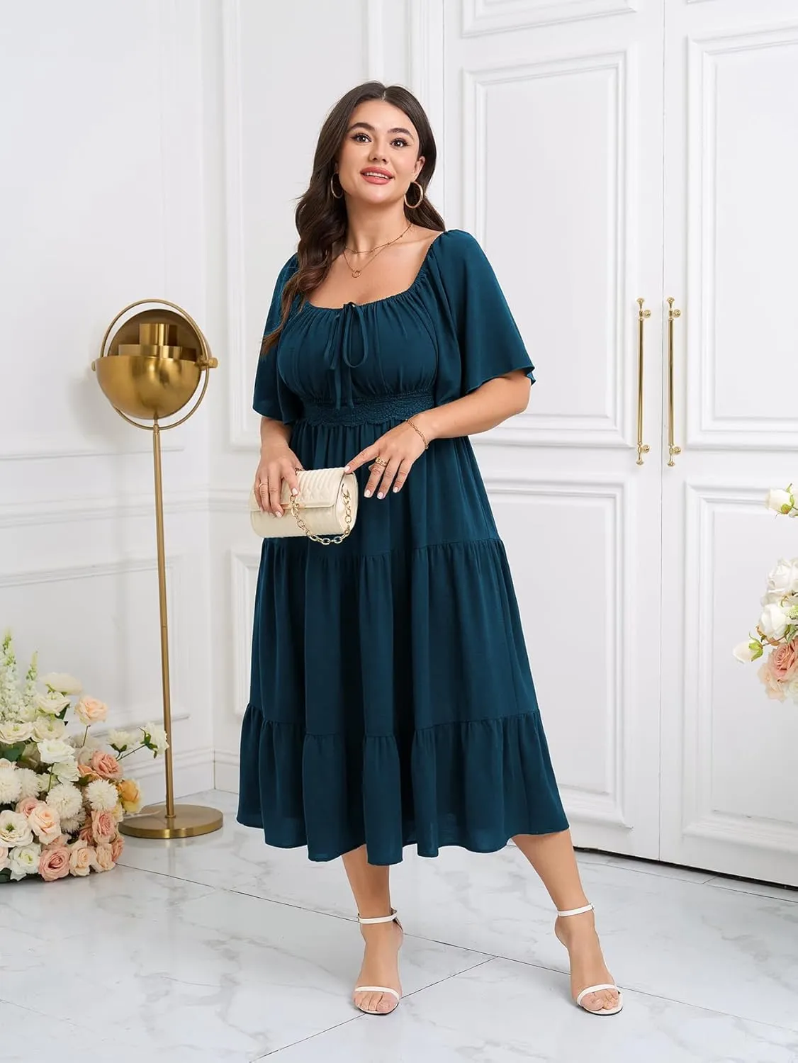 SCOMCHIC Women's Plus Size Summer Dresses Square Neck Short Sleeve A Line Wedding Guest Cocktail Boho Flowy Maxi Dress