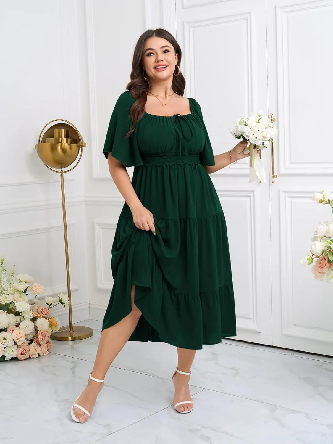 SCOMCHIC Women's Plus Size Summer Dresses Square Neck Short Sleeve A Line Wedding Guest Cocktail Boho Flowy Maxi Dress
