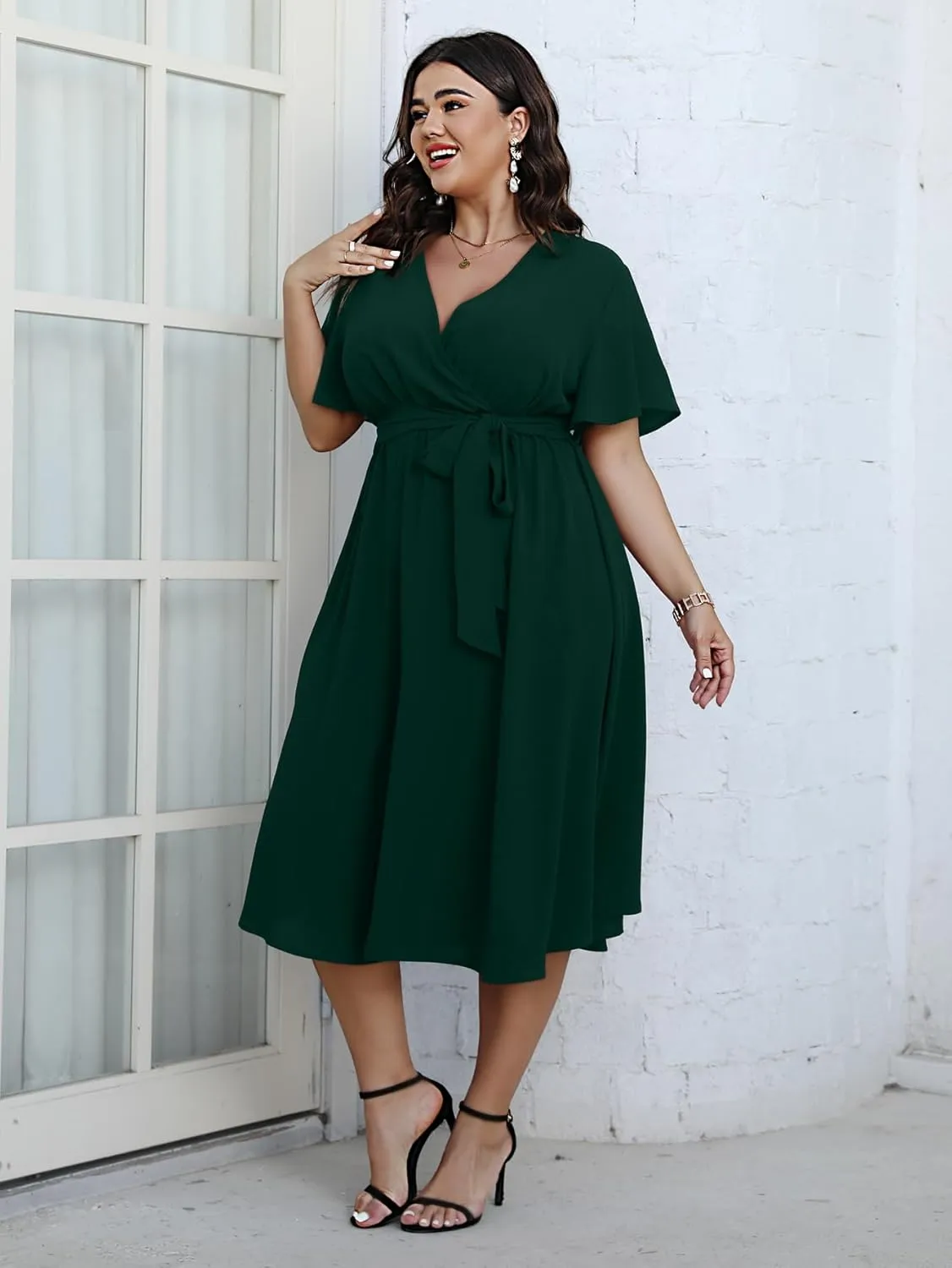 SCOMCHIC Womens Plus Size Wedding Guest Cocktail Midi Dress Summer Short Sleeve Wrap V Neck Belted A-Line Flowy Dress