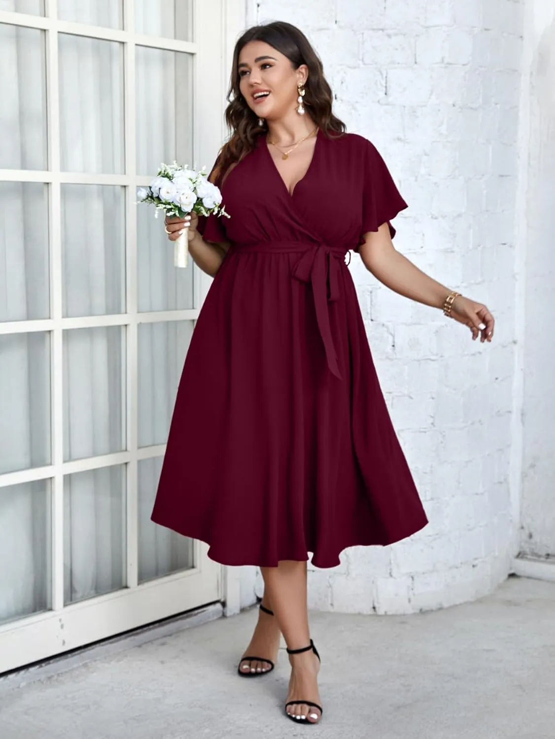 SCOMCHIC Womens Plus Size Wedding Guest Cocktail Midi Dress Summer Short Sleeve Wrap V Neck Belted A-Line Flowy Dress