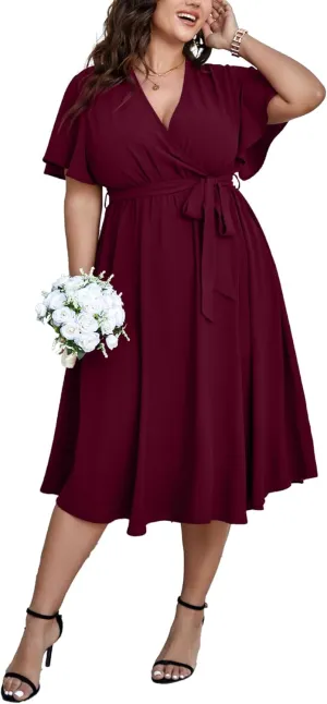 SCOMCHIC Womens Plus Size Wedding Guest Cocktail Midi Dress Summer Short Sleeve Wrap V Neck Belted A-Line Flowy Dress