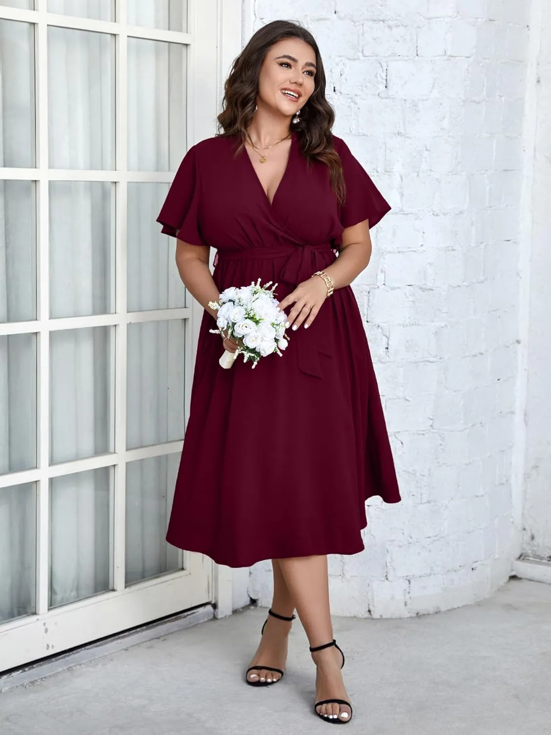 SCOMCHIC Womens Plus Size Wedding Guest Cocktail Midi Dress Summer Short Sleeve Wrap V Neck Belted A-Line Flowy Dress