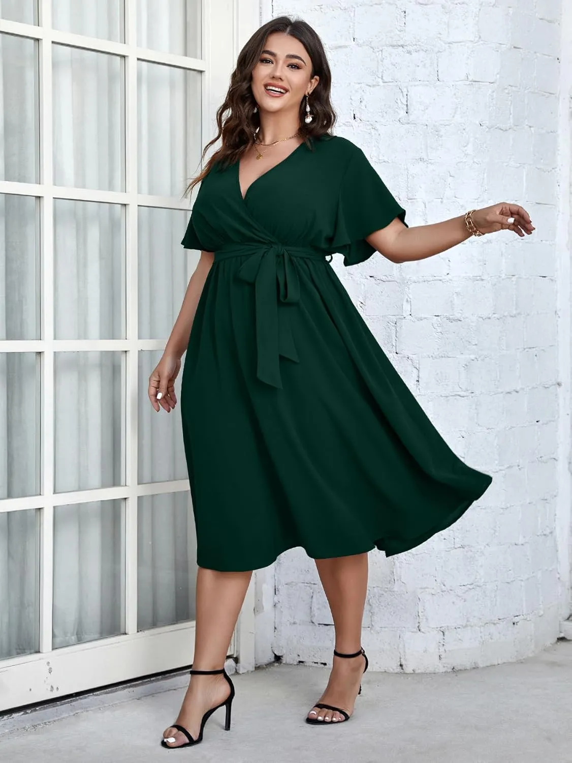 SCOMCHIC Womens Plus Size Wedding Guest Cocktail Midi Dress Summer Short Sleeve Wrap V Neck Belted A-Line Flowy Dress
