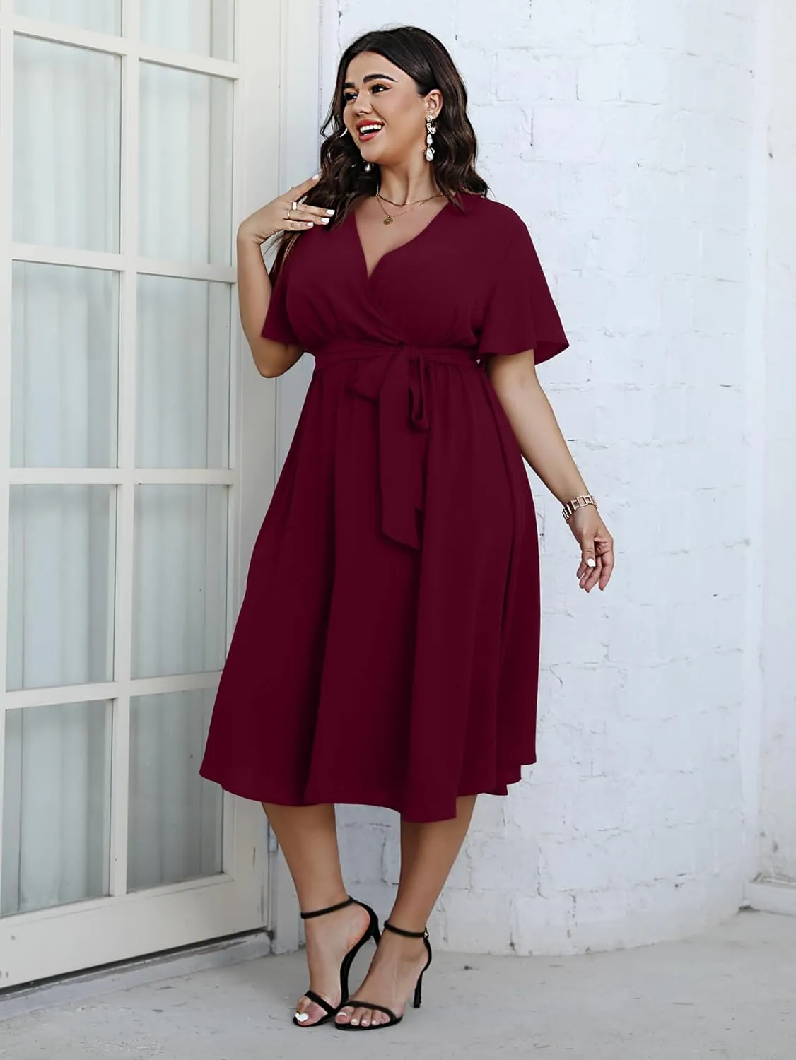 SCOMCHIC Womens Plus Size Wedding Guest Cocktail Midi Dress Summer Short Sleeve Wrap V Neck Belted A-Line Flowy Dress
