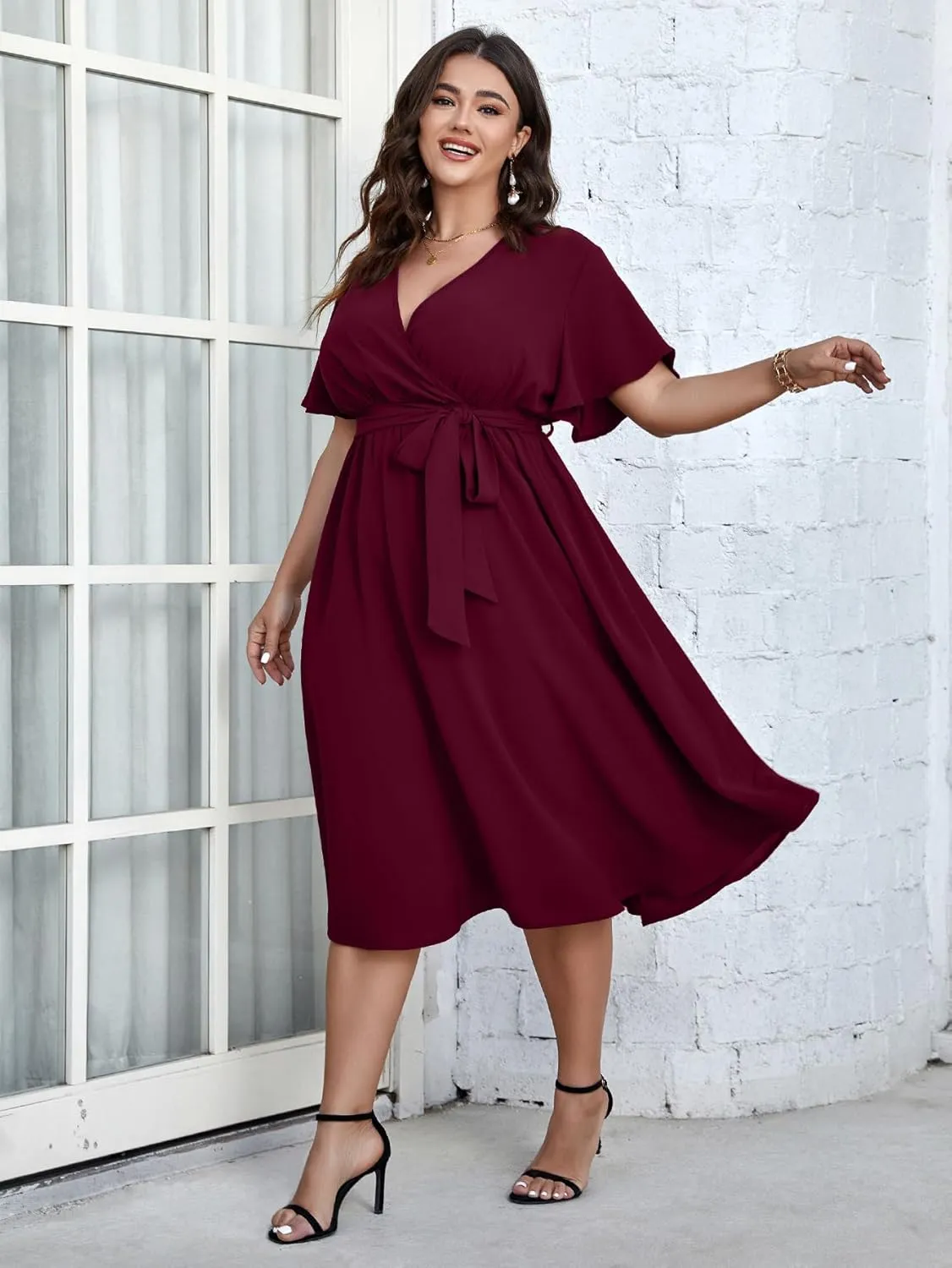 SCOMCHIC Womens Plus Size Wedding Guest Cocktail Midi Dress Summer Short Sleeve Wrap V Neck Belted A-Line Flowy Dress