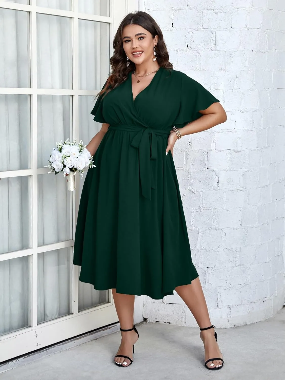 SCOMCHIC Womens Plus Size Wedding Guest Cocktail Midi Dress Summer Short Sleeve Wrap V Neck Belted A-Line Flowy Dress