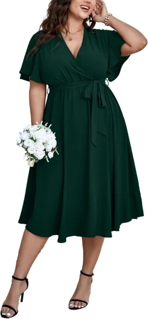 SCOMCHIC Womens Plus Size Wedding Guest Cocktail Midi Dress Summer Short Sleeve Wrap V Neck Belted A-Line Flowy Dress