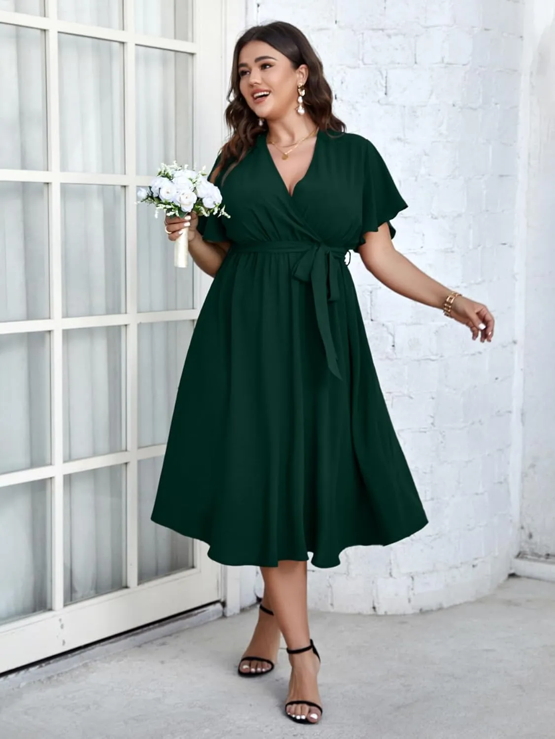 SCOMCHIC Womens Plus Size Wedding Guest Cocktail Midi Dress Summer Short Sleeve Wrap V Neck Belted A-Line Flowy Dress