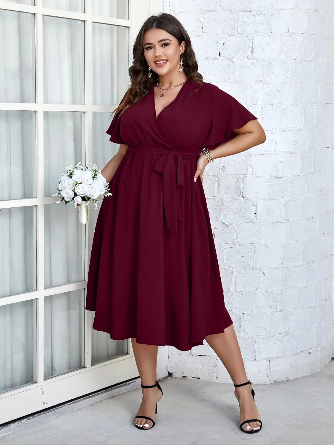 SCOMCHIC Womens Plus Size Wedding Guest Cocktail Midi Dress Summer Short Sleeve Wrap V Neck Belted A-Line Flowy Dress