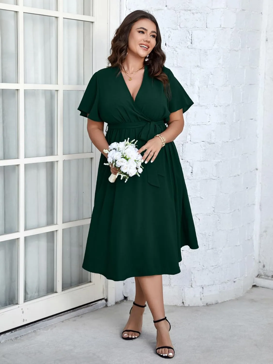 SCOMCHIC Womens Plus Size Wedding Guest Cocktail Midi Dress Summer Short Sleeve Wrap V Neck Belted A-Line Flowy Dress