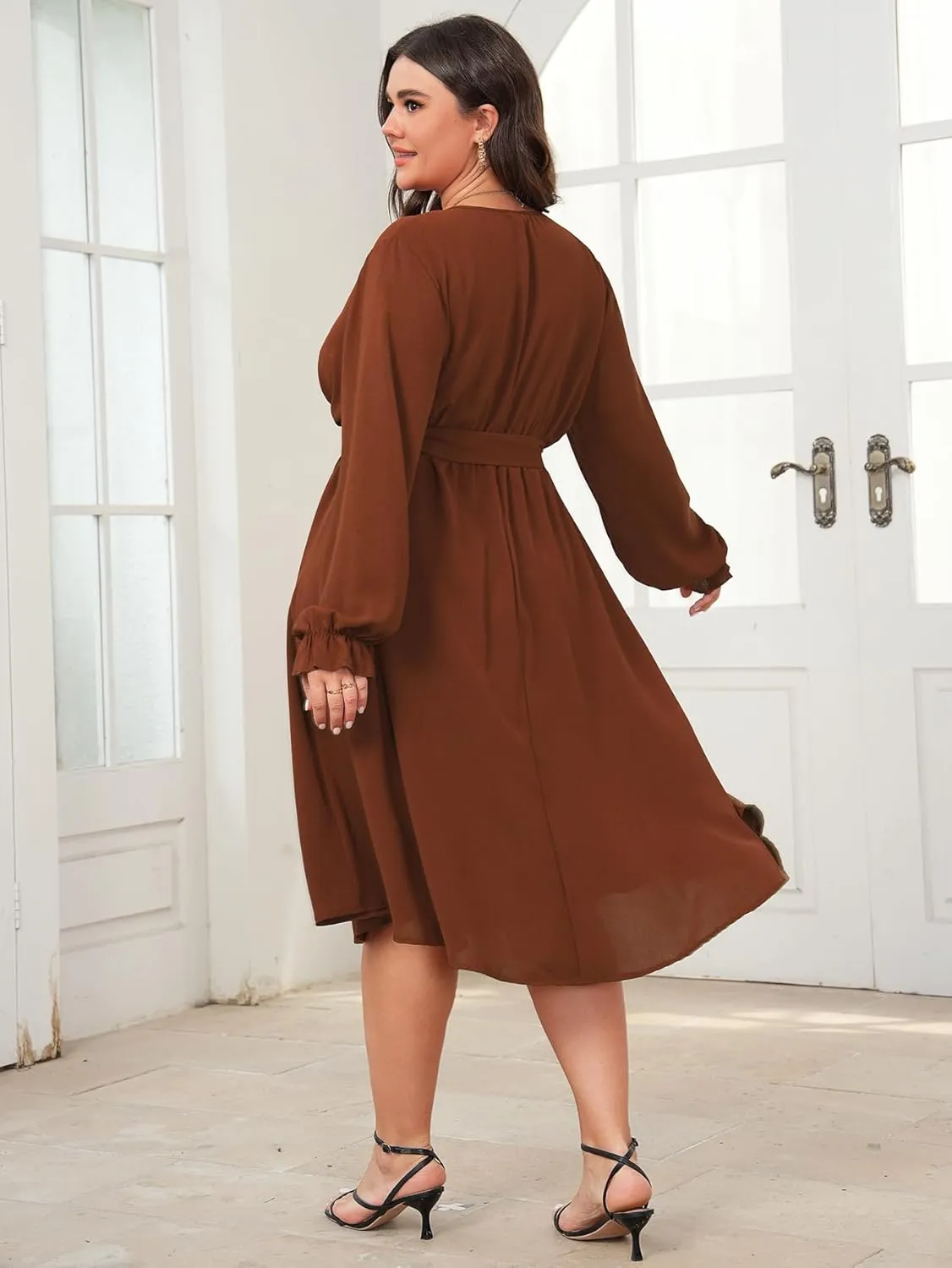 SCOMCHIC Womens Plus Size Wedding Guest Cocktail Midi Dress Winter Long Sleeve Wrap V Neck Belted A-Line Flowy Party Dress