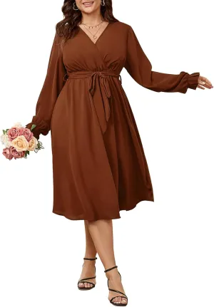 SCOMCHIC Womens Plus Size Wedding Guest Cocktail Midi Dress Winter Long Sleeve Wrap V Neck Belted A-Line Flowy Party Dress