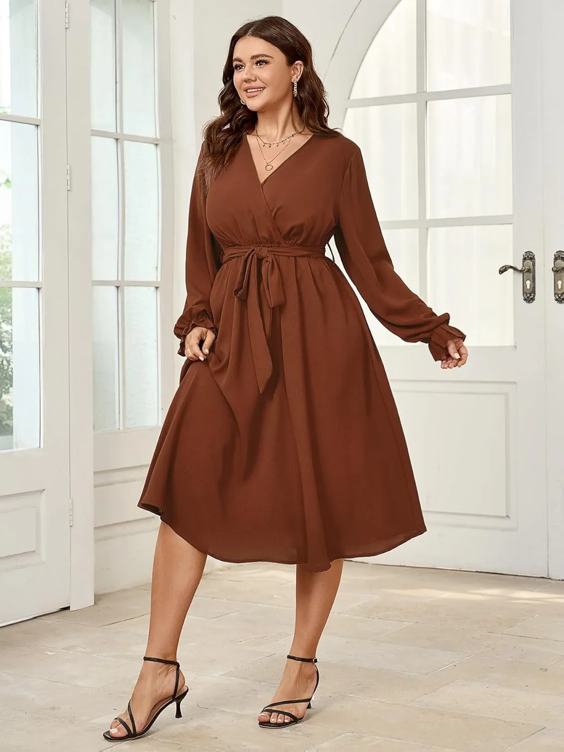 SCOMCHIC Womens Plus Size Wedding Guest Cocktail Midi Dress Winter Long Sleeve Wrap V Neck Belted A-Line Flowy Party Dress