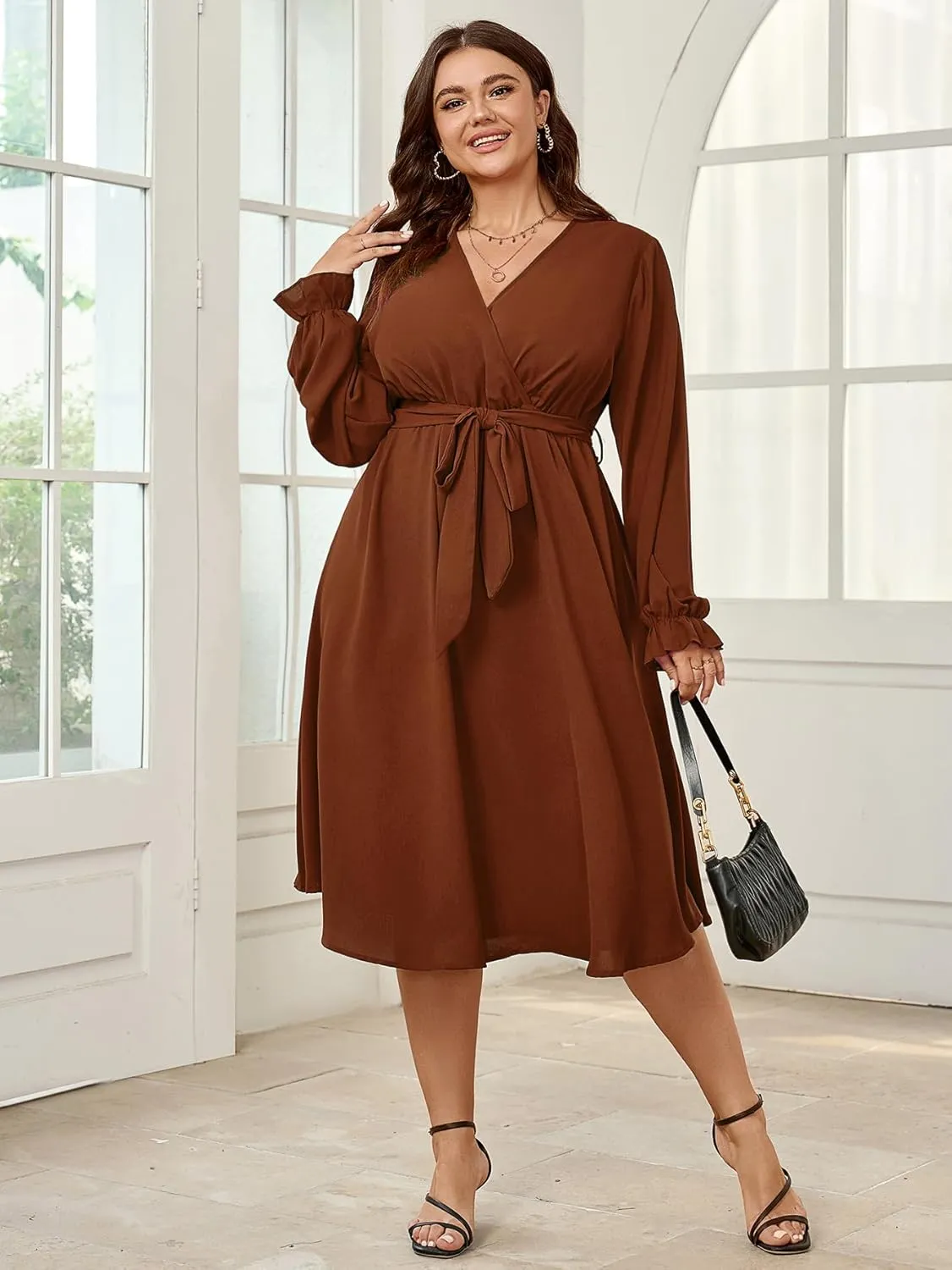 SCOMCHIC Womens Plus Size Wedding Guest Cocktail Midi Dress Winter Long Sleeve Wrap V Neck Belted A-Line Flowy Party Dress