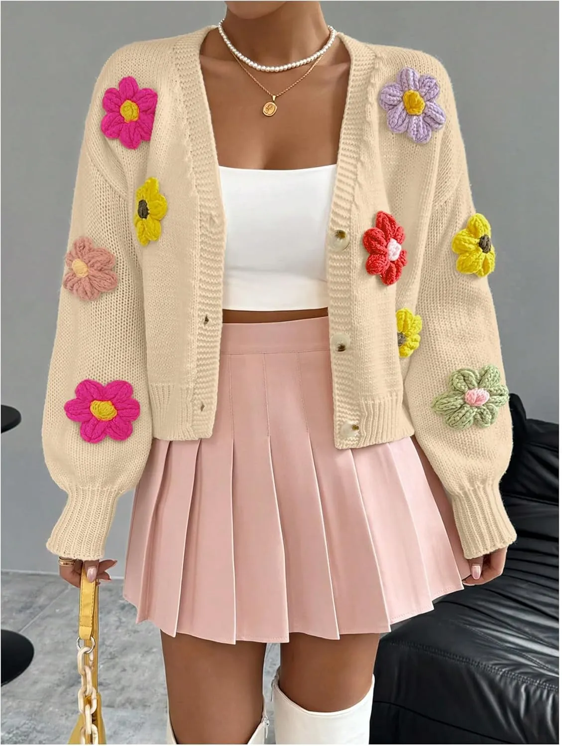 SHENHE Women's Button Down Flower Cardigan V Neck Open Front Knit Crop Cardigan Sweater