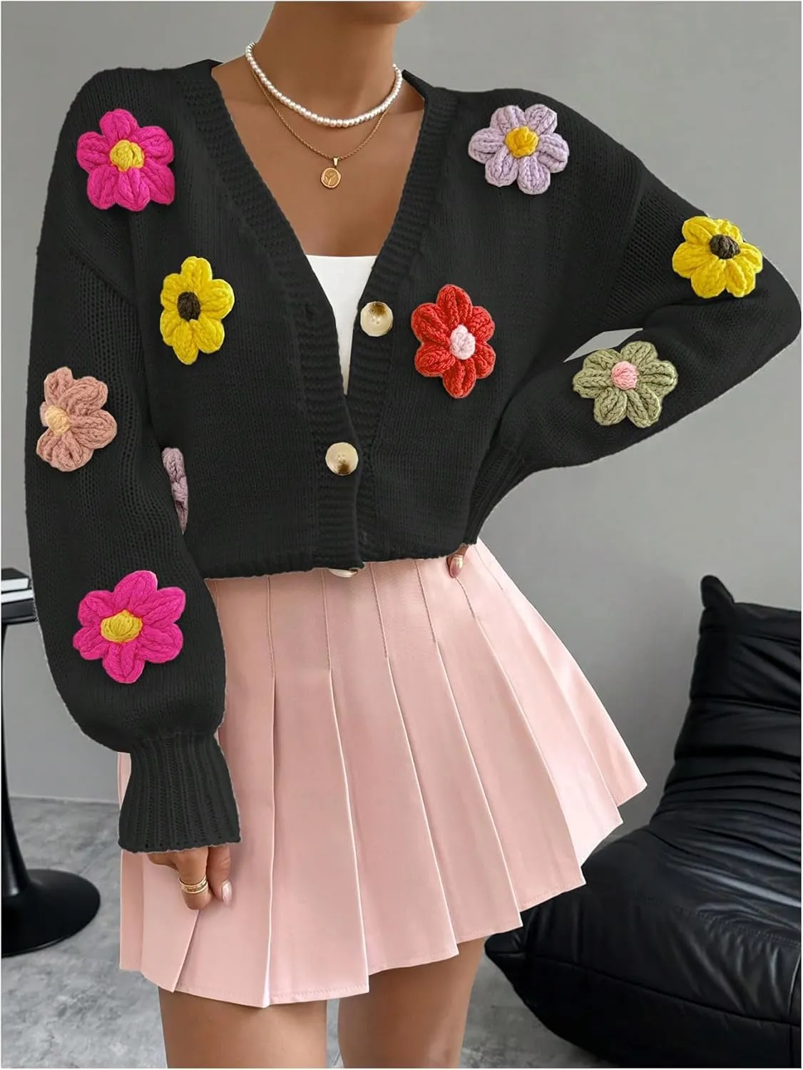 SHENHE Women's Button Down Flower Cardigan V Neck Open Front Knit Crop Cardigan Sweater