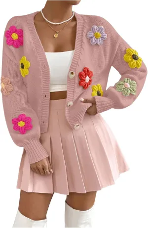 SHENHE Women's Button Down Flower Cardigan V Neck Open Front Knit Crop Cardigan Sweater