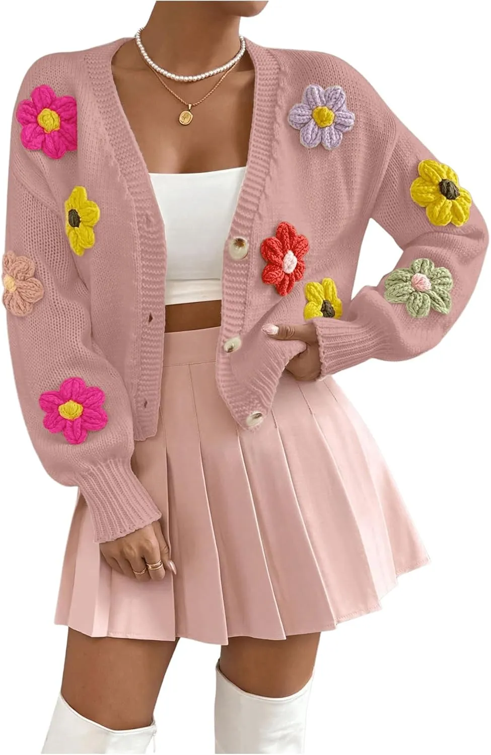 SHENHE Women's Button Down Flower Cardigan V Neck Open Front Knit Crop Cardigan Sweater