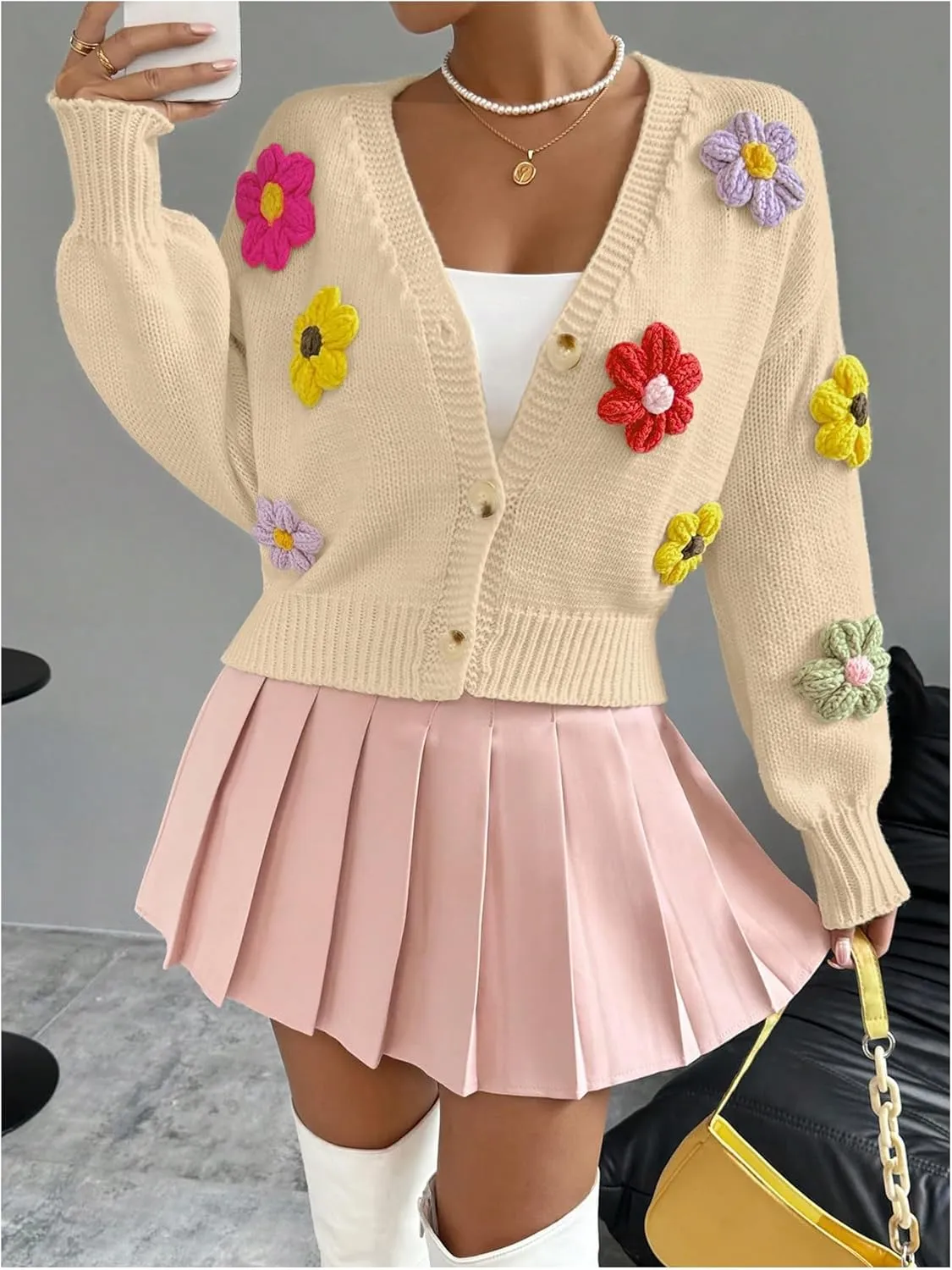 SHENHE Women's Button Down Flower Cardigan V Neck Open Front Knit Crop Cardigan Sweater